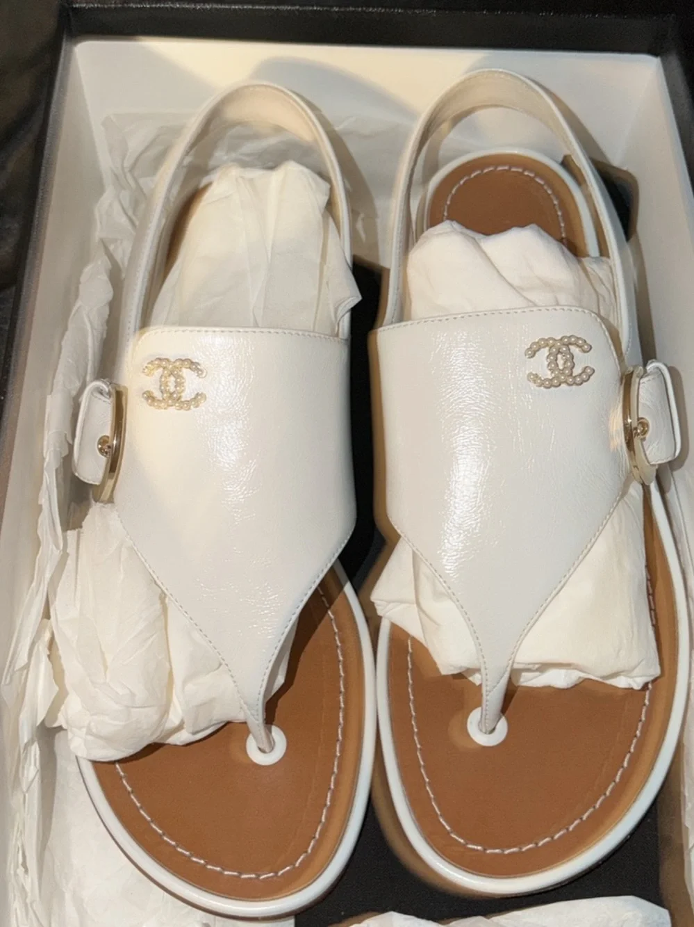 CHANEL White Leather Slingback Thong Sandals with Gold CC